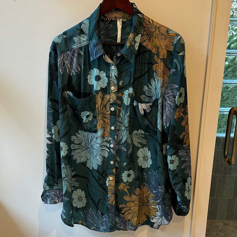 Anthropologie Teal and Mustard Floral Shirt